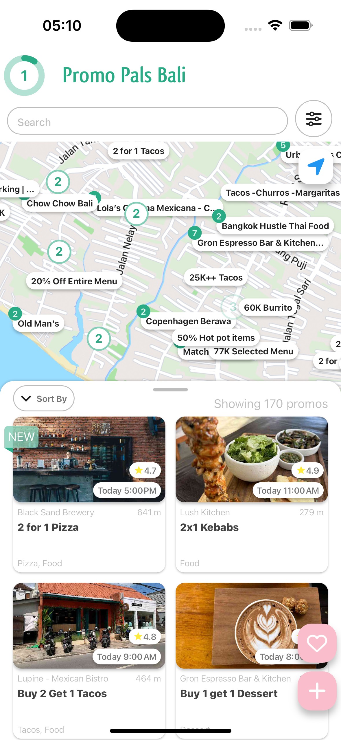 Promo Pals Bali app screenshot showing food promos